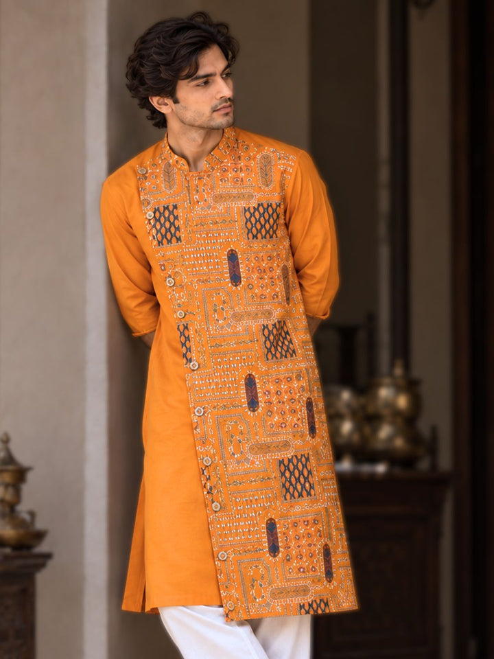 Orange Utsav cupro silk kurta with Mandarin collar, asymmetrical buttoned crossover front and wide multicolour embroidered panel – photo 6 – Tura Turi