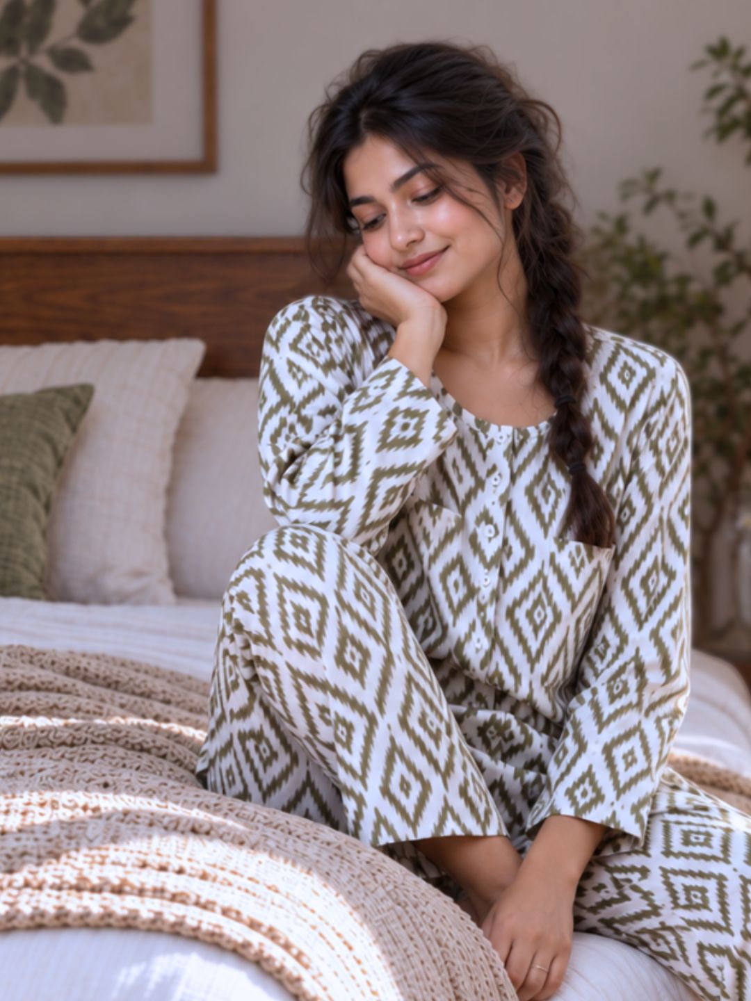 soft cotton womens nightsuit with no bral pockets for braless comfort