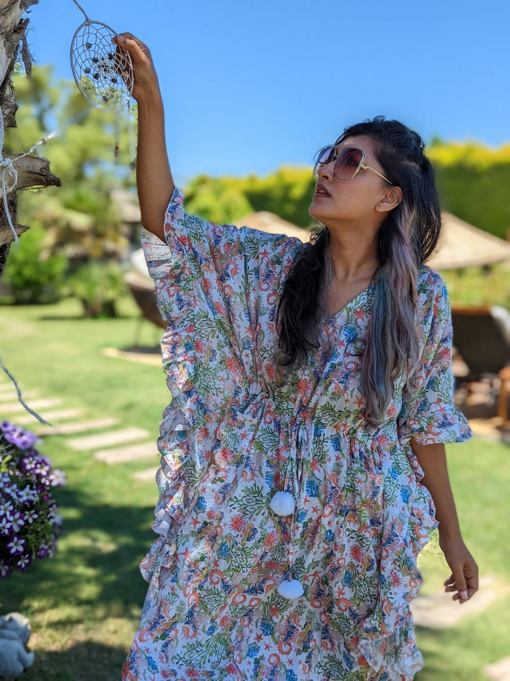 Sea Horse print women’s cotton beach kaftan – breathable summer wear.