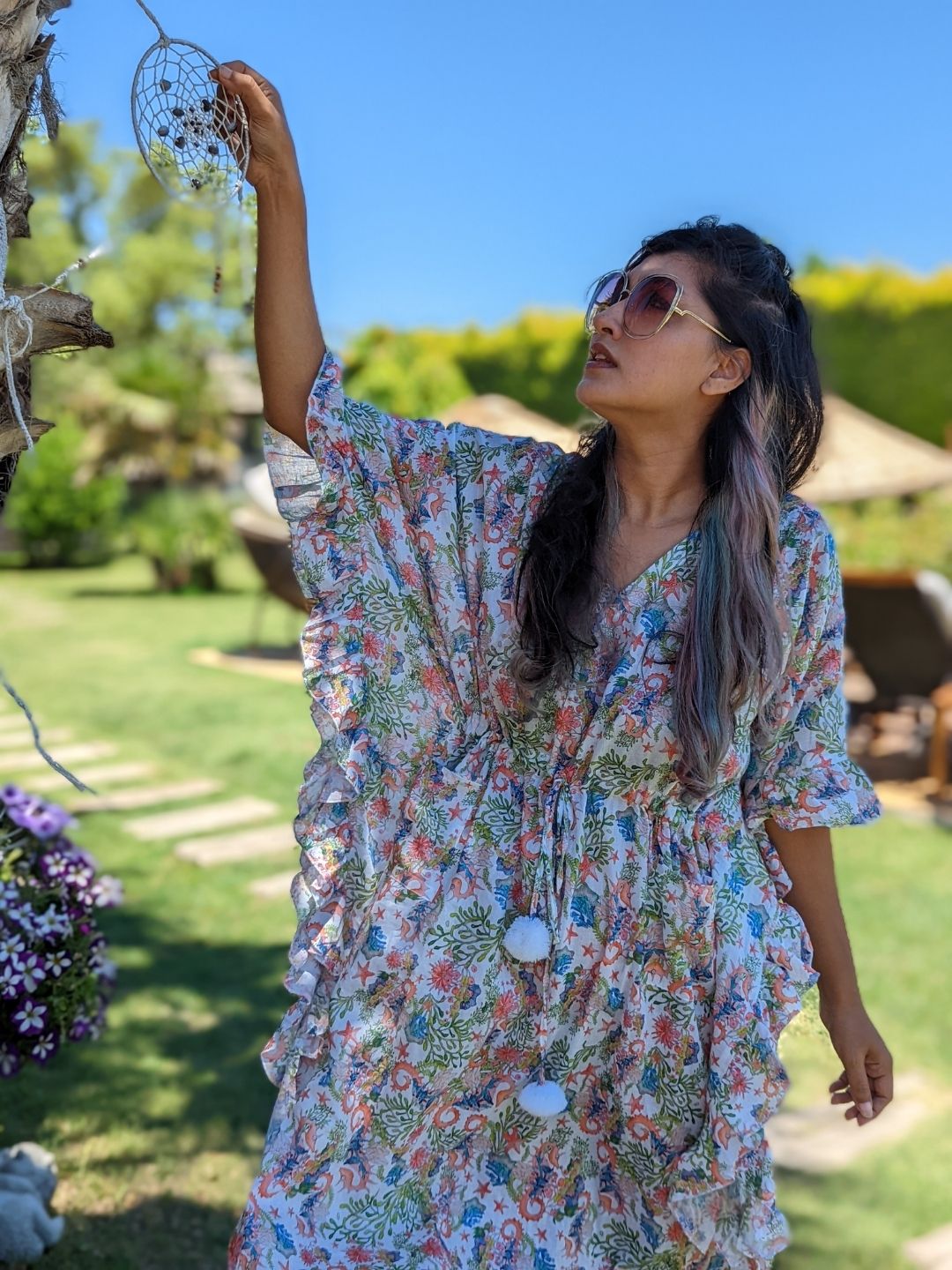 Sea Horse print women’s cotton beach kaftan – breathable summer wear.