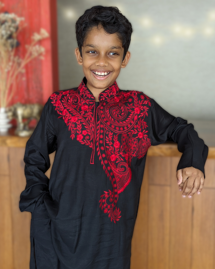 Embroidered Black Viscose Silk Kurta for Boys, Men