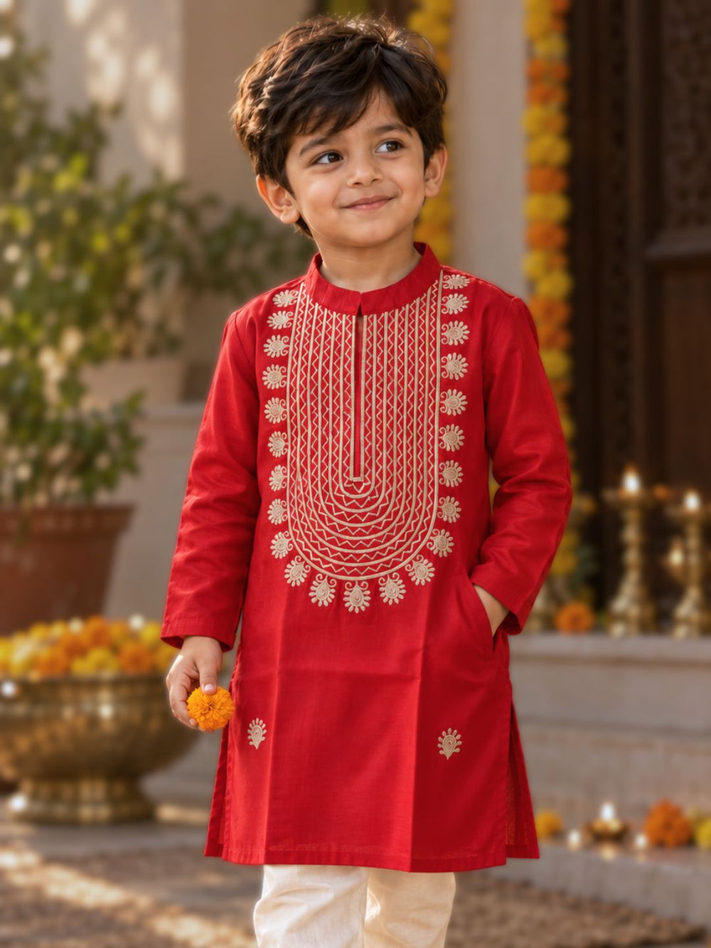 Little boy wearing red silk festive ethnic kurta with beige-gold resham embroidery