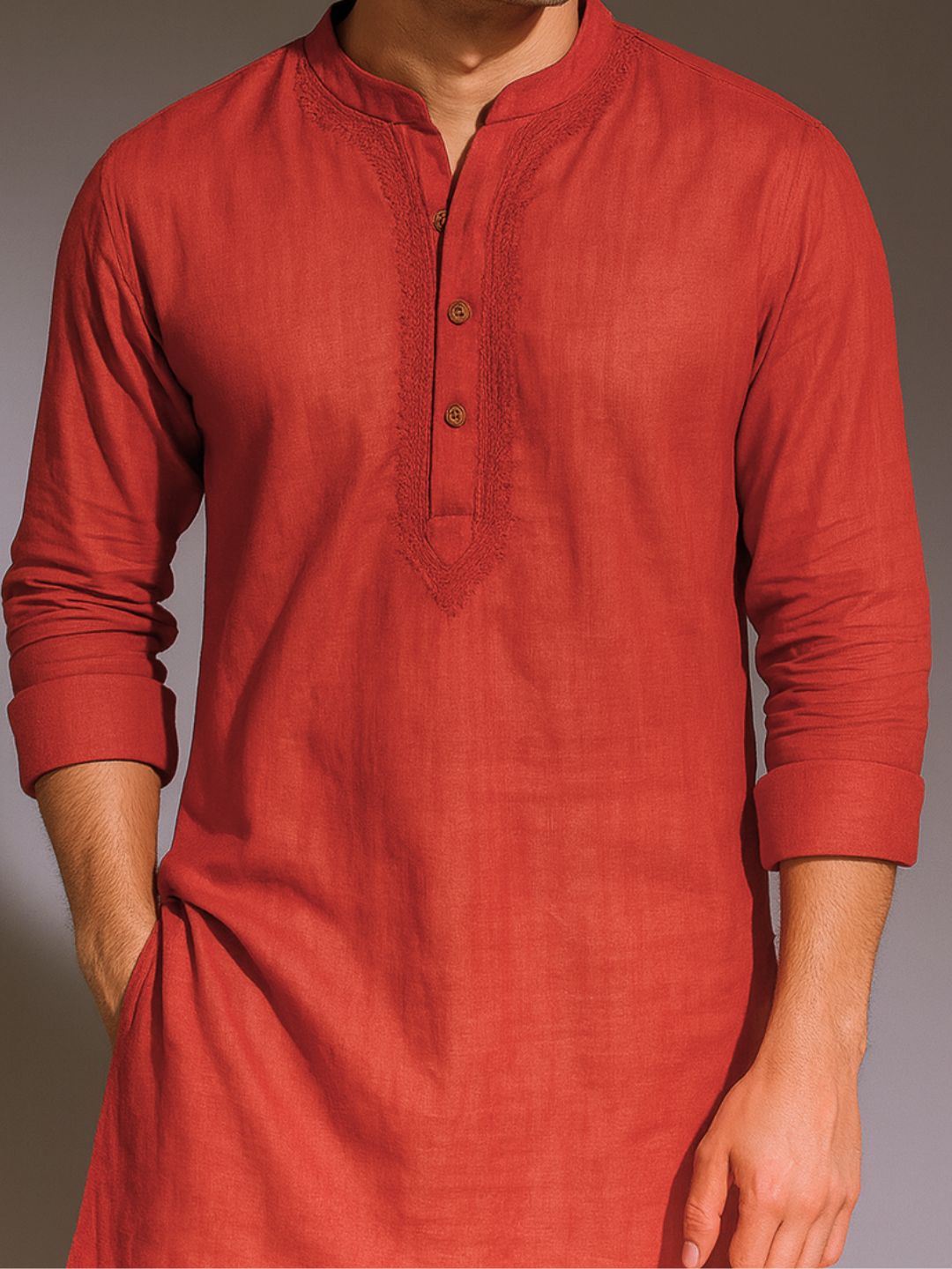 Embroidered Cotton Men's Kurta | Red