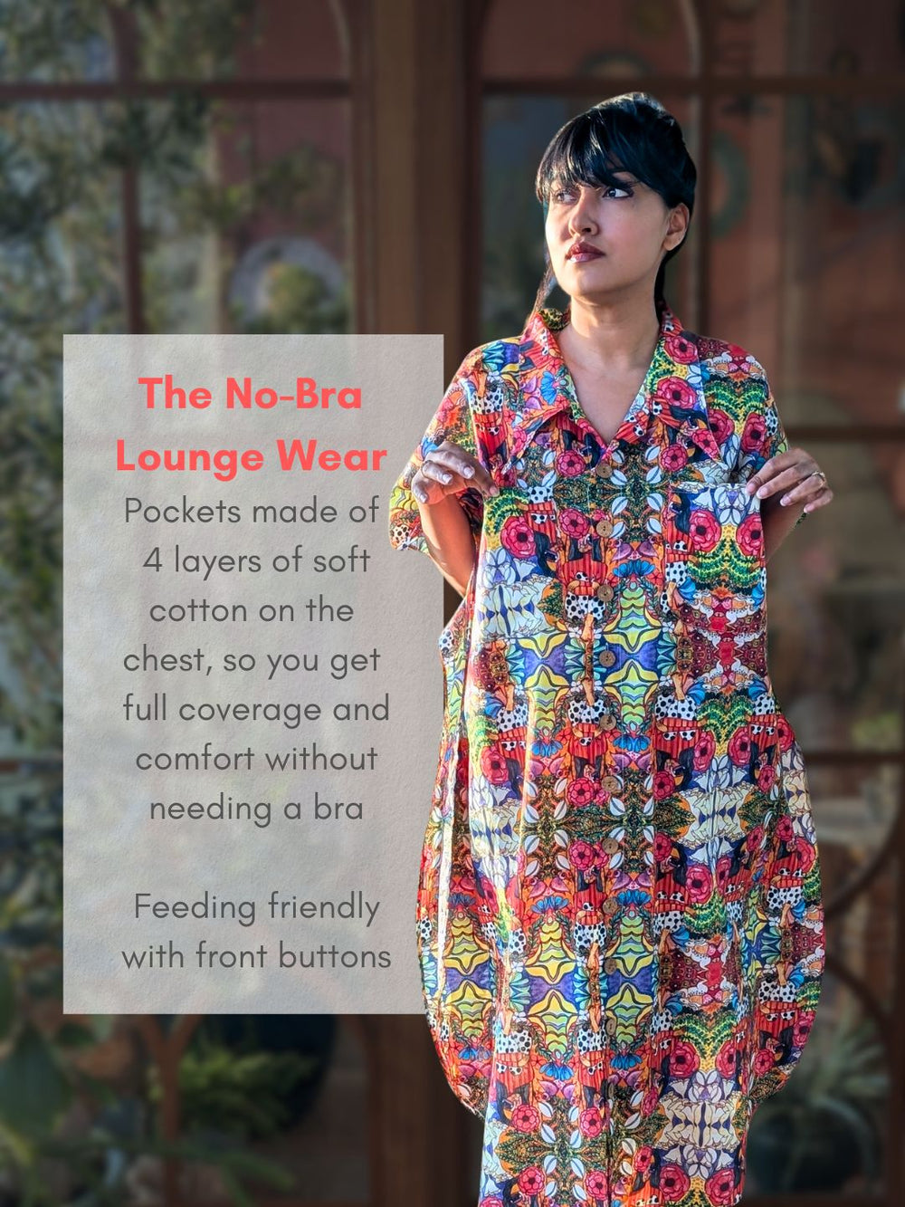 Woman wearing a colorful no-bra lounge wear outfit with text overlay.