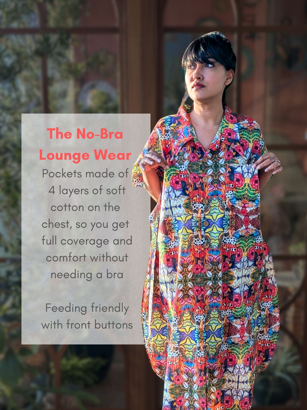Woman wearing a colorful no-bra lounge wear outfit with text overlay.