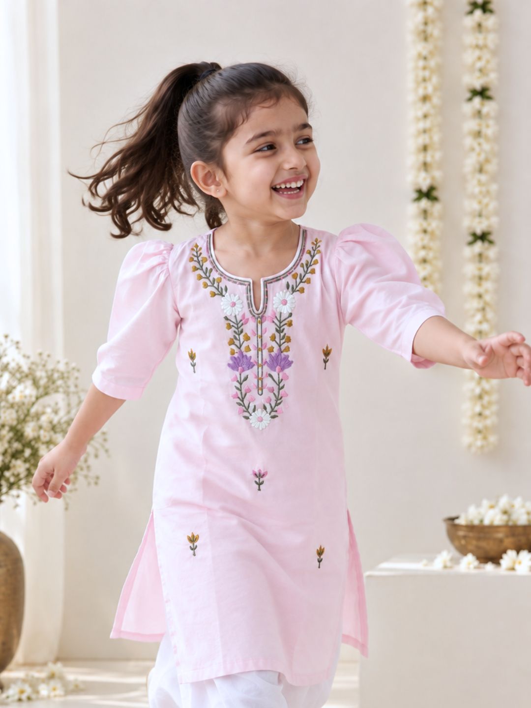 Cotton mulmul kurta for girls in baby pink, festive and daily wear, Tura Turi Bella