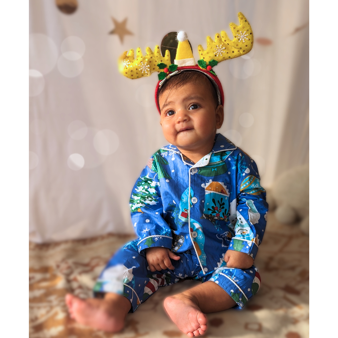 Cotton Night Suit for Kids | Jingle Bells - Blue