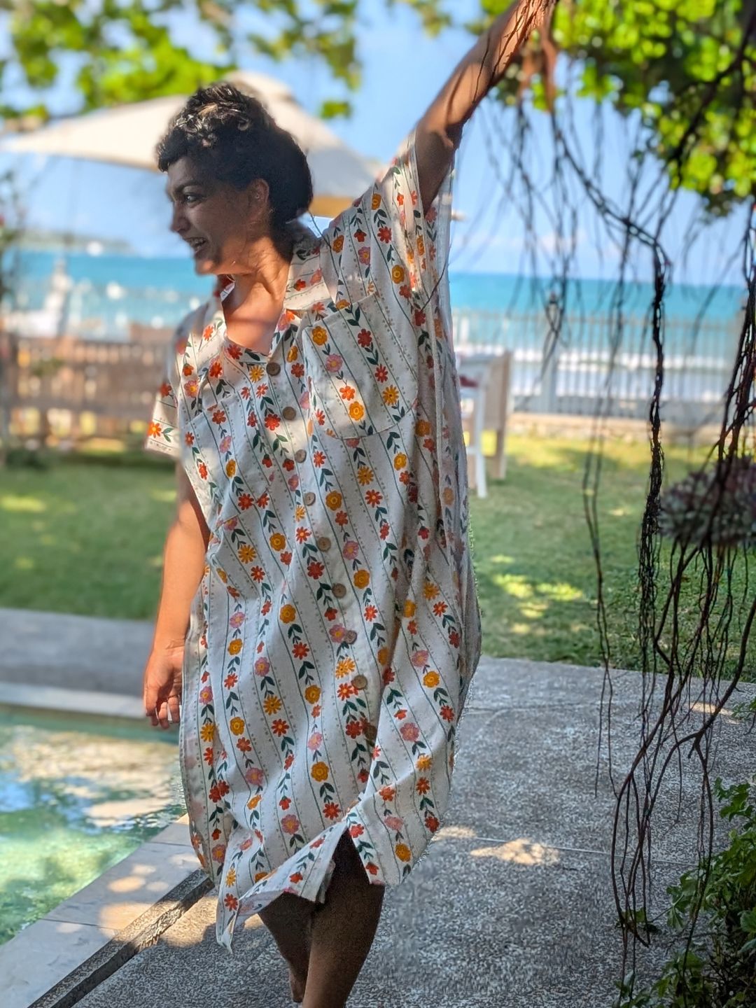 Oversized cotton floral pinstripe nightshirt with relaxed drape and comfortable fit