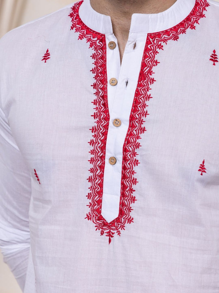 White &amp; Red Embroidered Malmal Men&