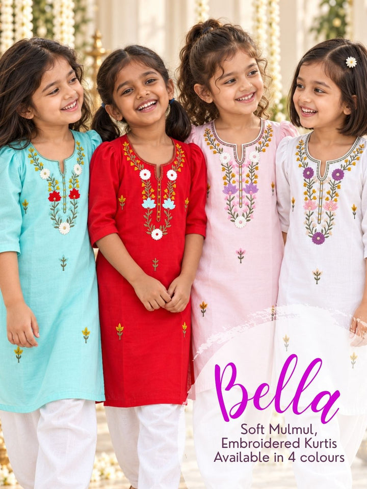 Girls’ embroidered pure cotton mulmul kurtas in white, baby pink, baby blue and red for daily and festive wear
