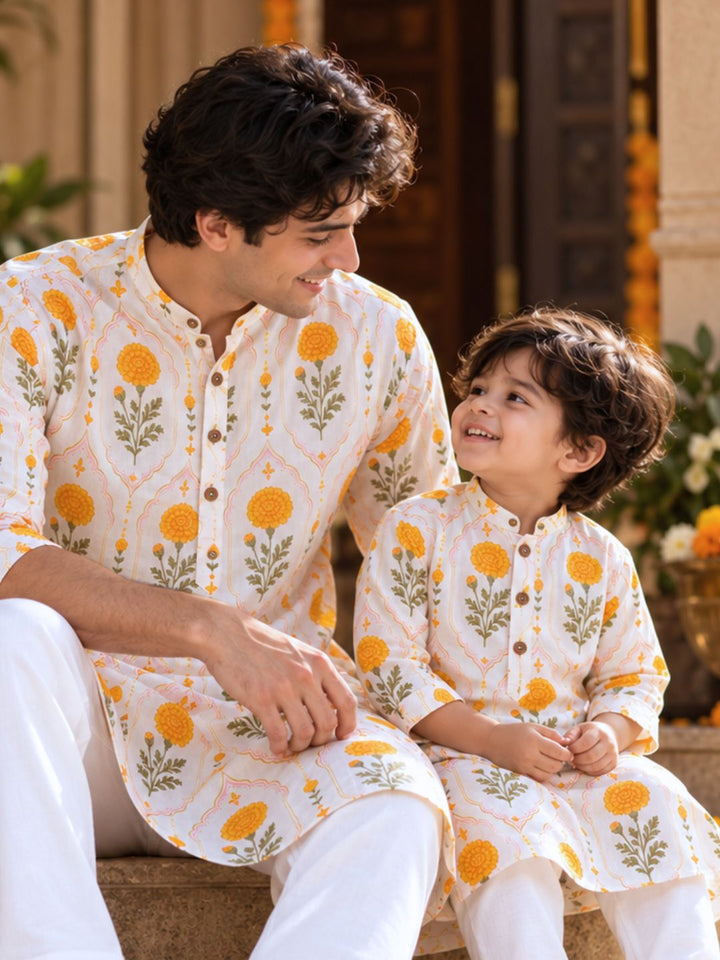 Gendaphool marigold print cotton mulmul kurta for father-son twinning by Tura Turi