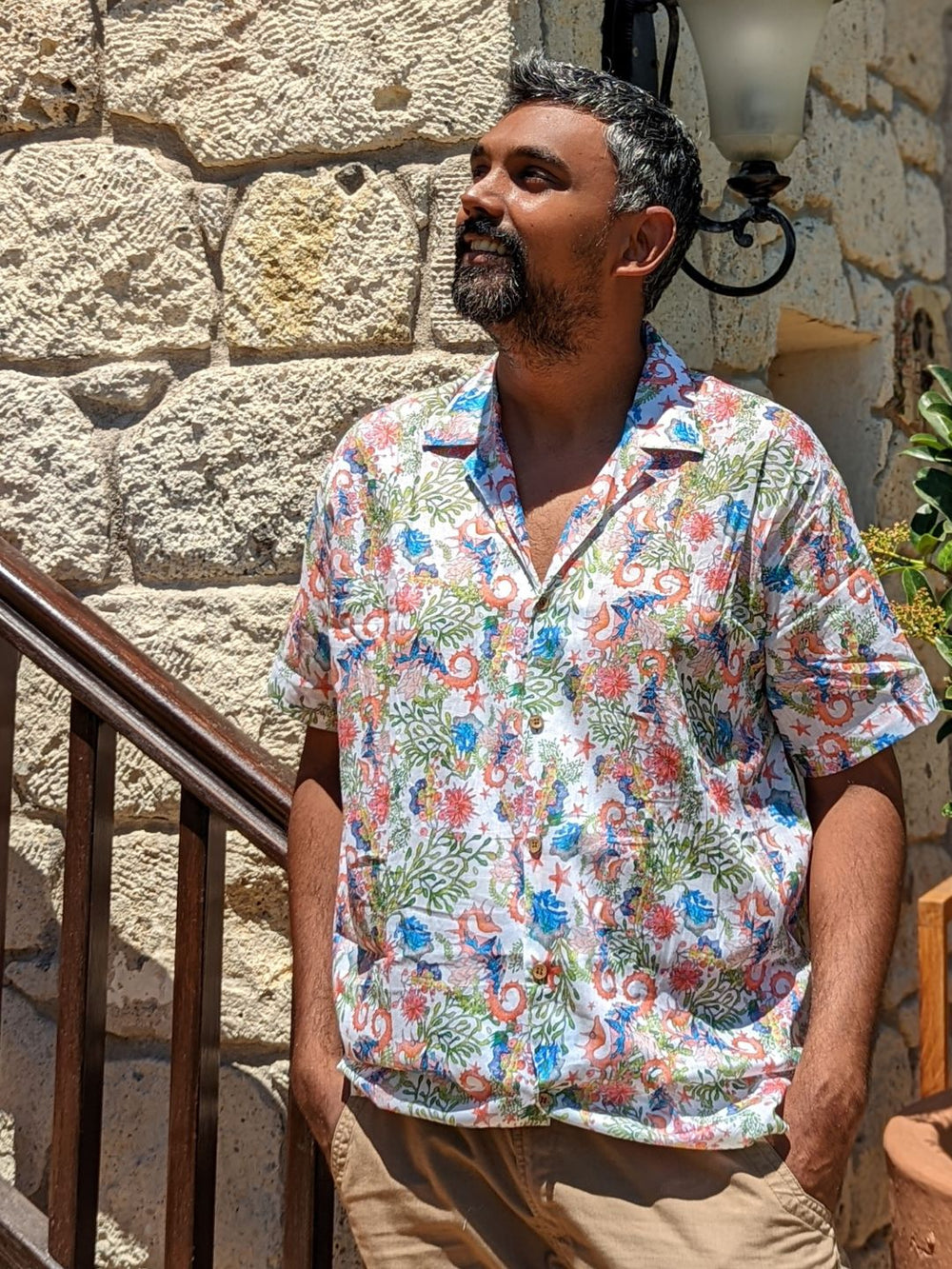 Sea Horse print men’s cotton shirt – breathable nautical shirt