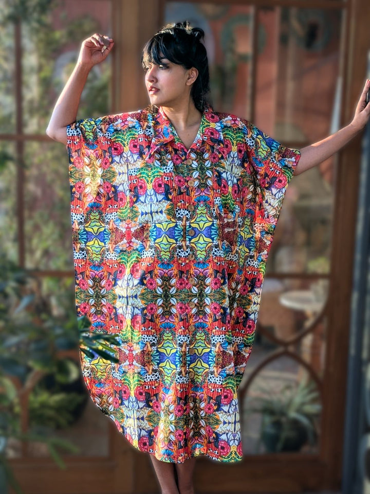 no bra nightdress loungewear front open in multicolour print