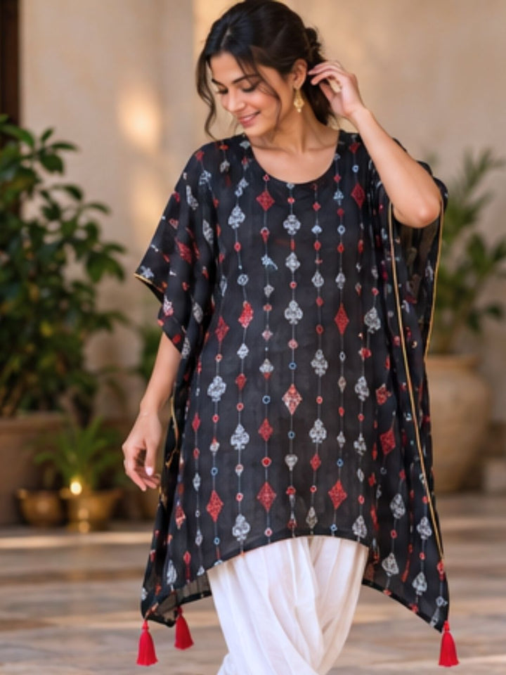 Tapered Afghan pants with Teen Patti cupro silk kaftan kurta