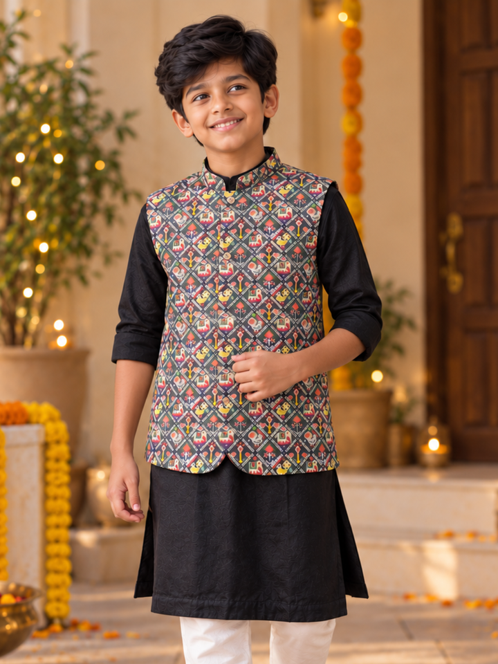 Boys Patola print jacket kurta pajama set in grey – Diwali and puja ethnic wear
