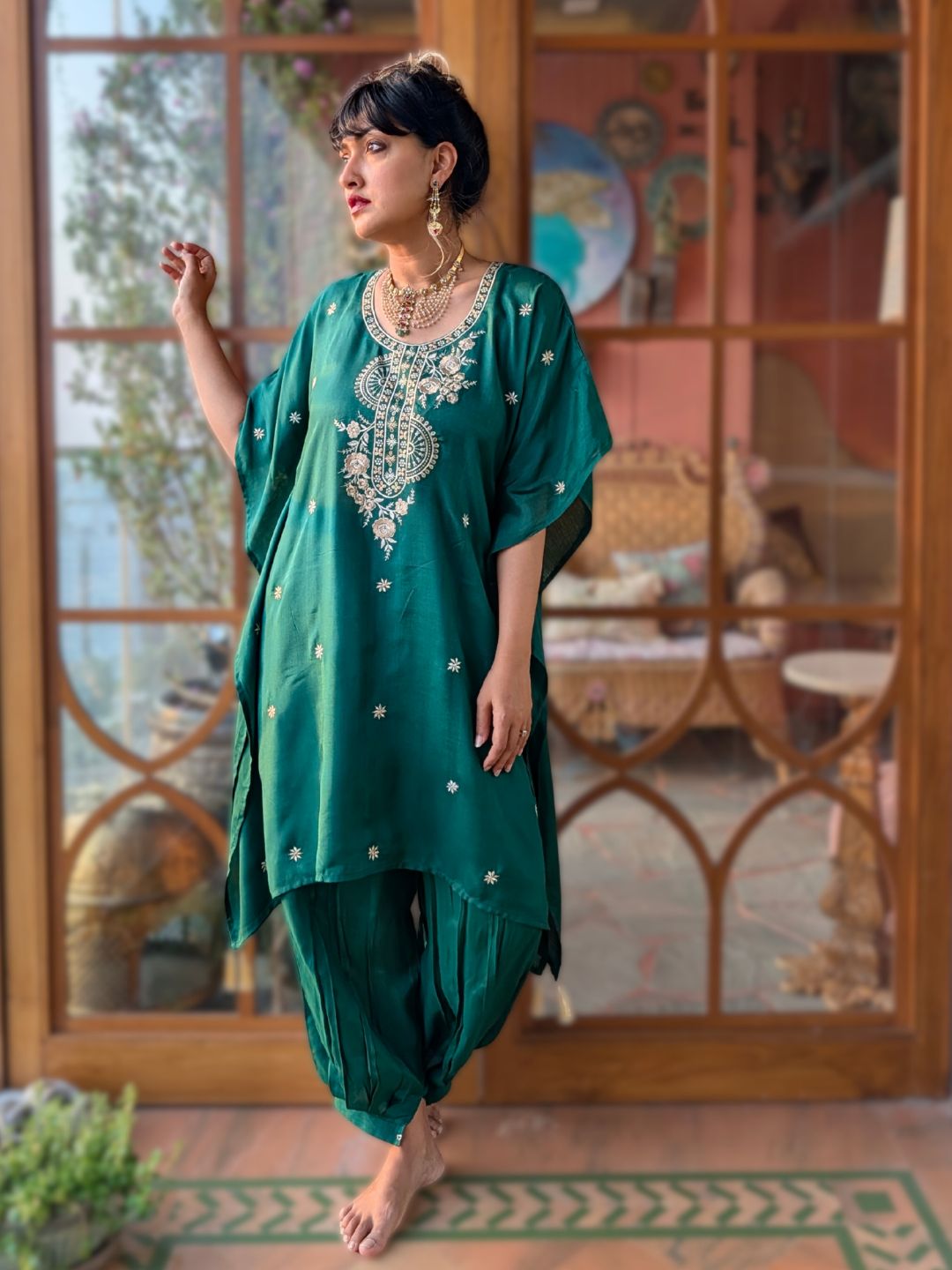eid fashion green embroidered kurti set for women