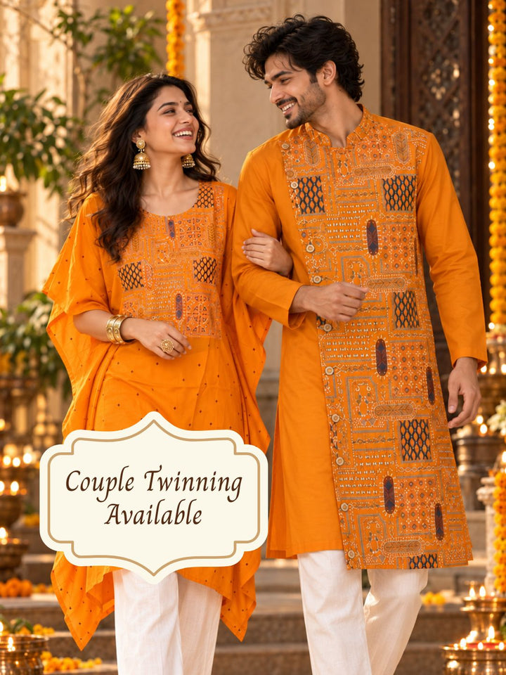 Orange Utsav cupro silk kurta with Mandarin collar, asymmetrical buttoned crossover front and wide multicolour embroidered panel – photo 8 – Tura Turi