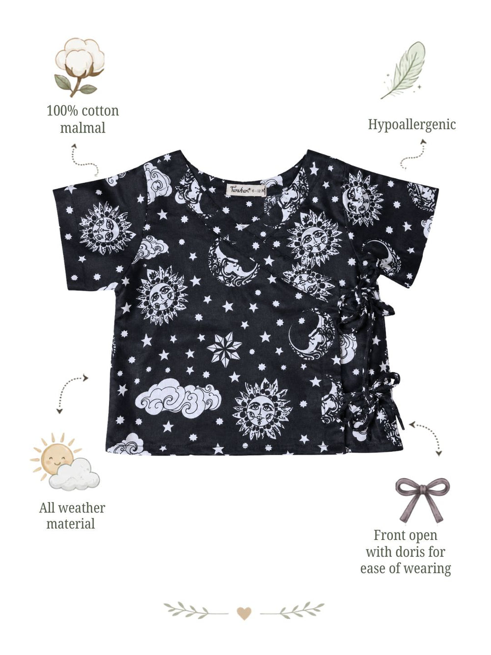 Nayantaara Black print cotton muslin baby jhabla, tie-up angrakha newborn top – Tura Turi