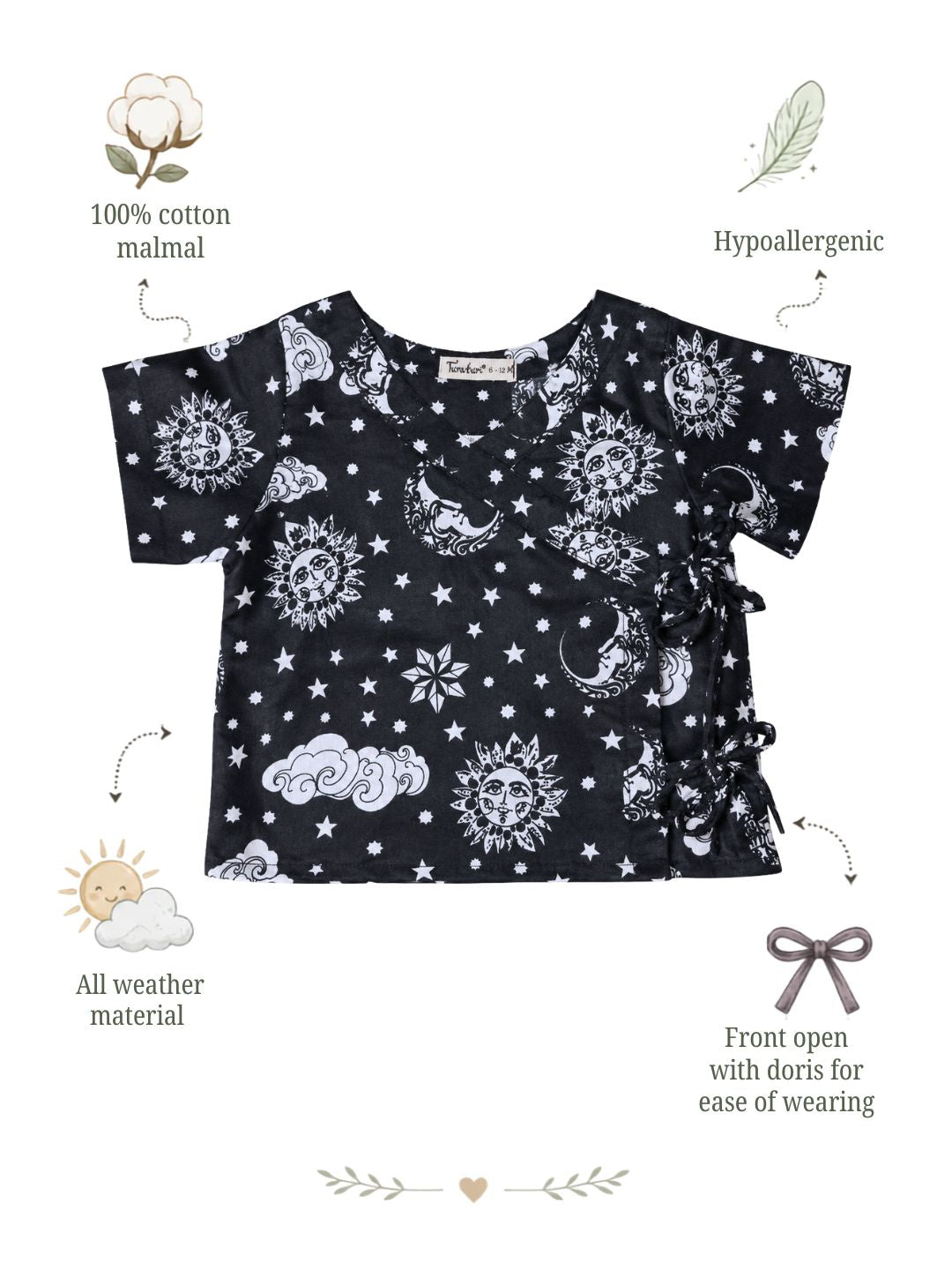 Nayantaara Black print cotton muslin baby jhabla, tie-up angrakha newborn top – Tura Turi