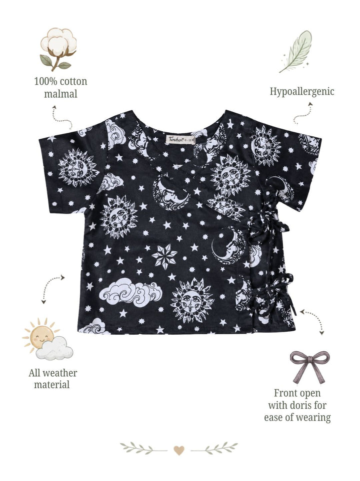 Nayantaara Black print cotton muslin baby jhabla, tie-up angrakha newborn top – Tura Turi
