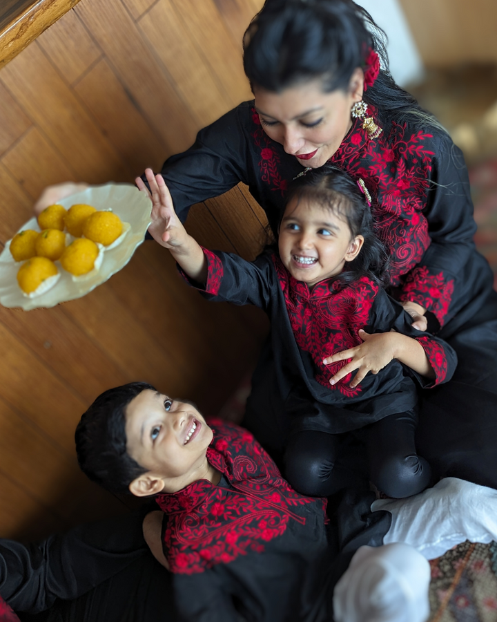 Black &amp; Red Embroidered Viscose Silk Kurta with Churidar, Girls &amp; Women