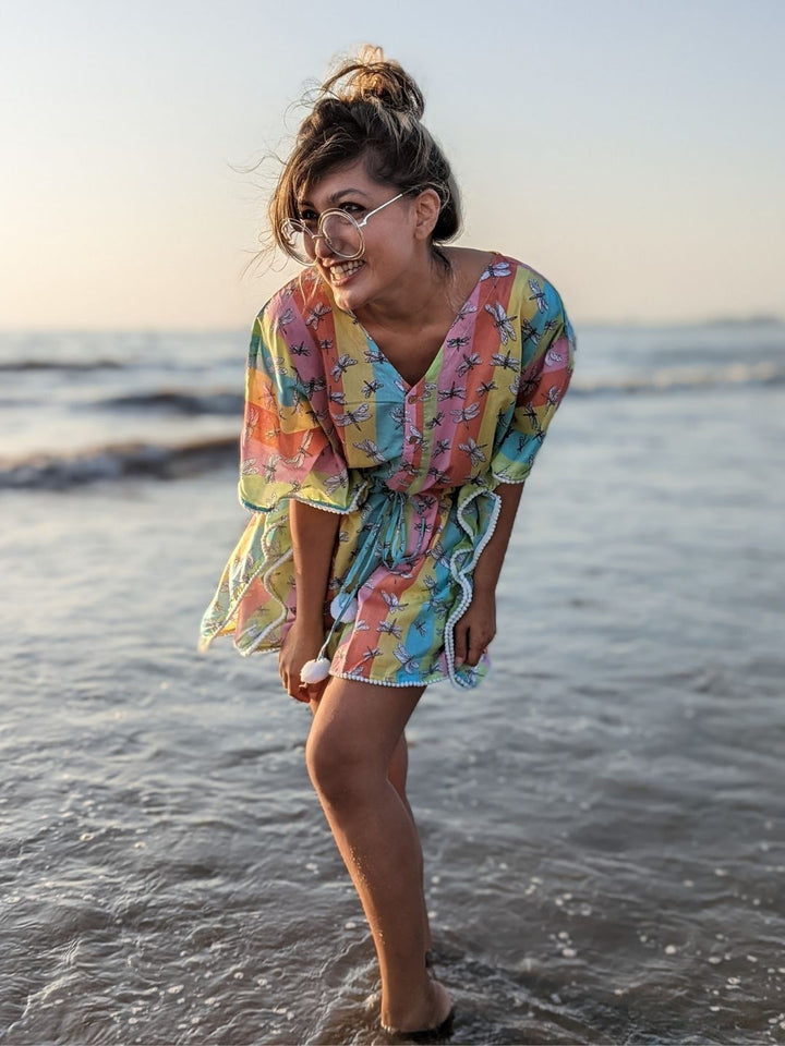 Dragonfly print cotton beach kaftan – nature-inspired summer kaftan