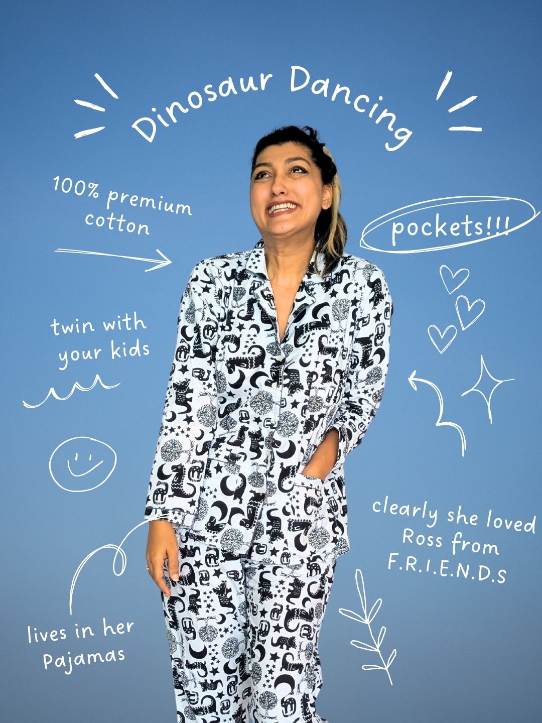 Dinosaur Dancing women’s cotton night suit – soft printed sleepwear by Tura Turi