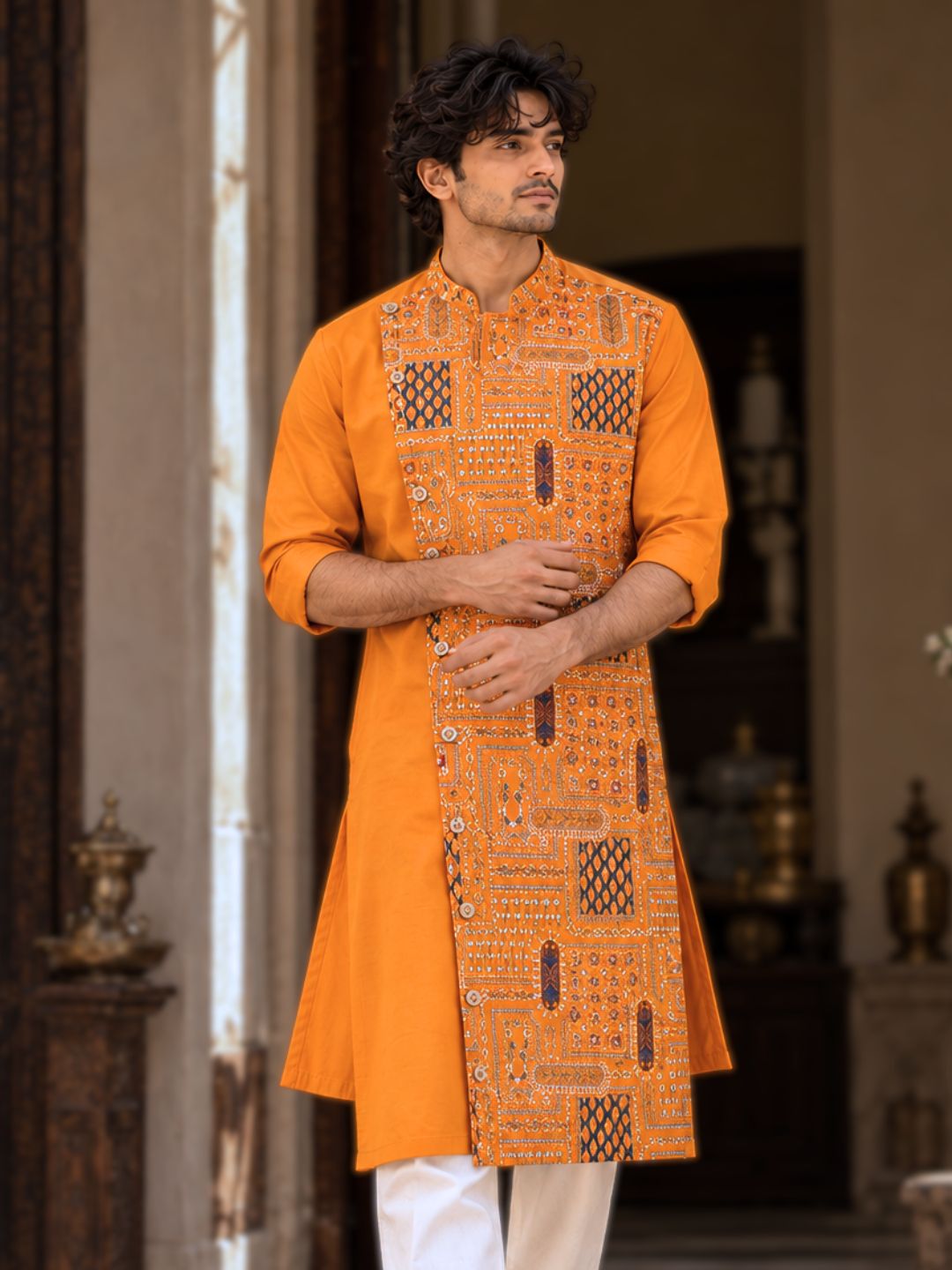 Orange Utsav cupro silk kurta with Mandarin collar, asymmetrical buttoned crossover front and wide multicolour embroidered panel – photo 5 – Tura Turi