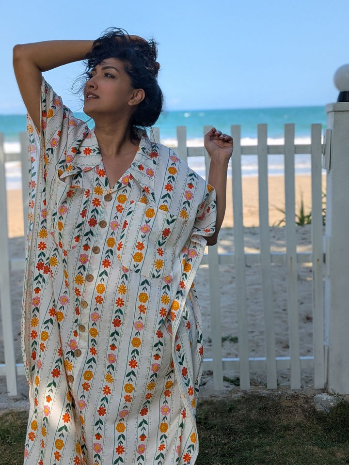 Women’s floral pinstriped cotton no-bra nightshirt with feeding-friendly buttons and relaxed lounge wear fit