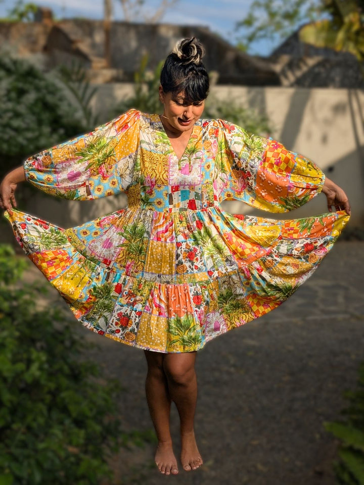 Women’s pure cotton short yellow multicolour summer dress with balloon sleeves and flowy tiered skirt