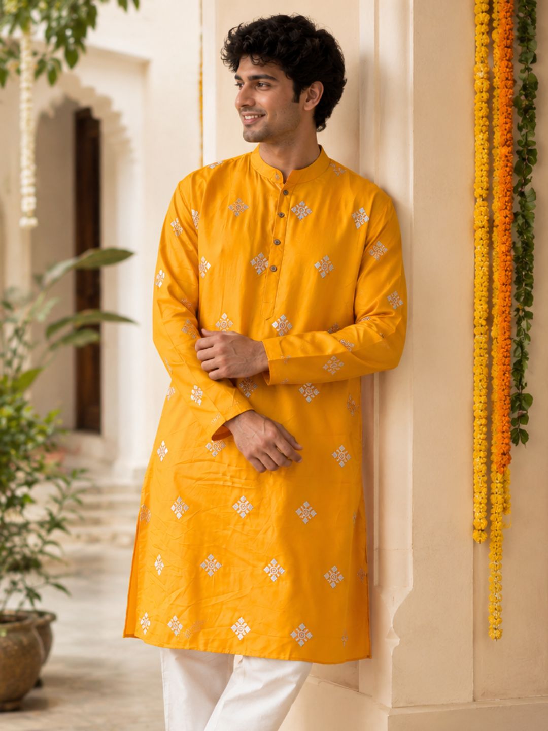 bright kesar yellow silk mens kurta with embroidery