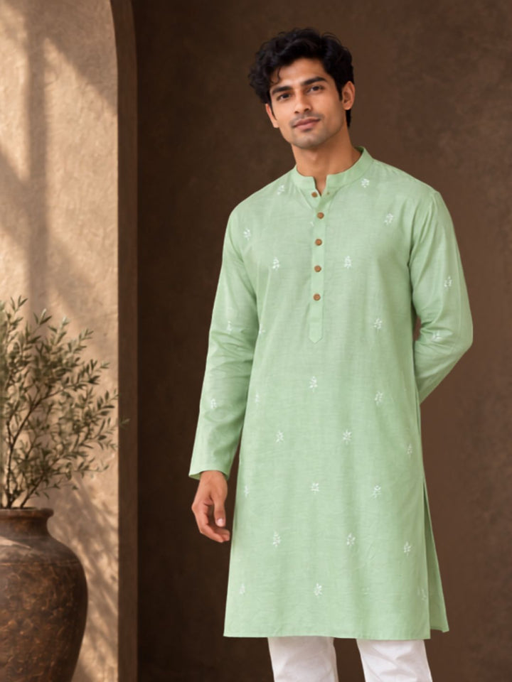 jade green festive silk kurta for men, breathable material to stay comfortable in all weather. diwali and wedding wear