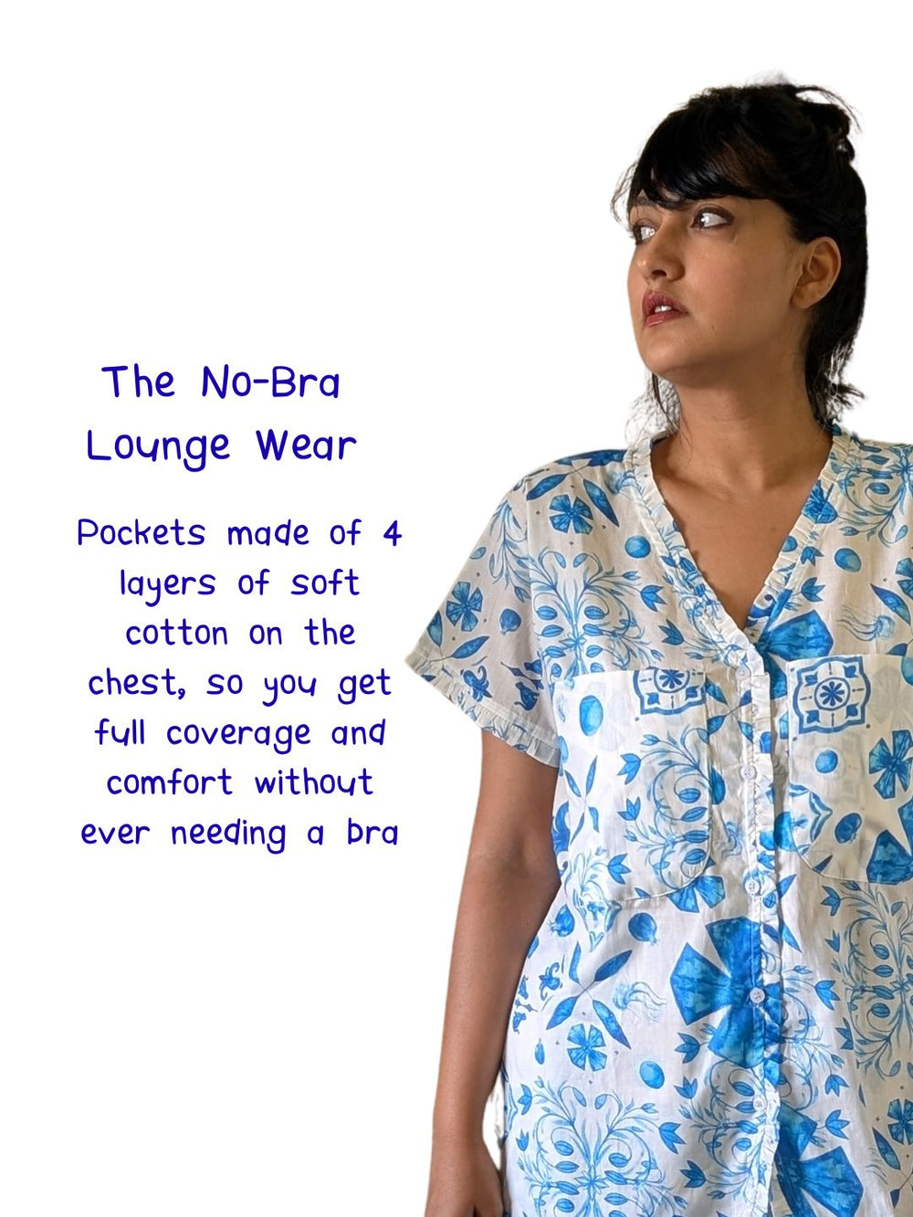 Woman wearing a floral no-bra lounge wear outfit with text on a white background