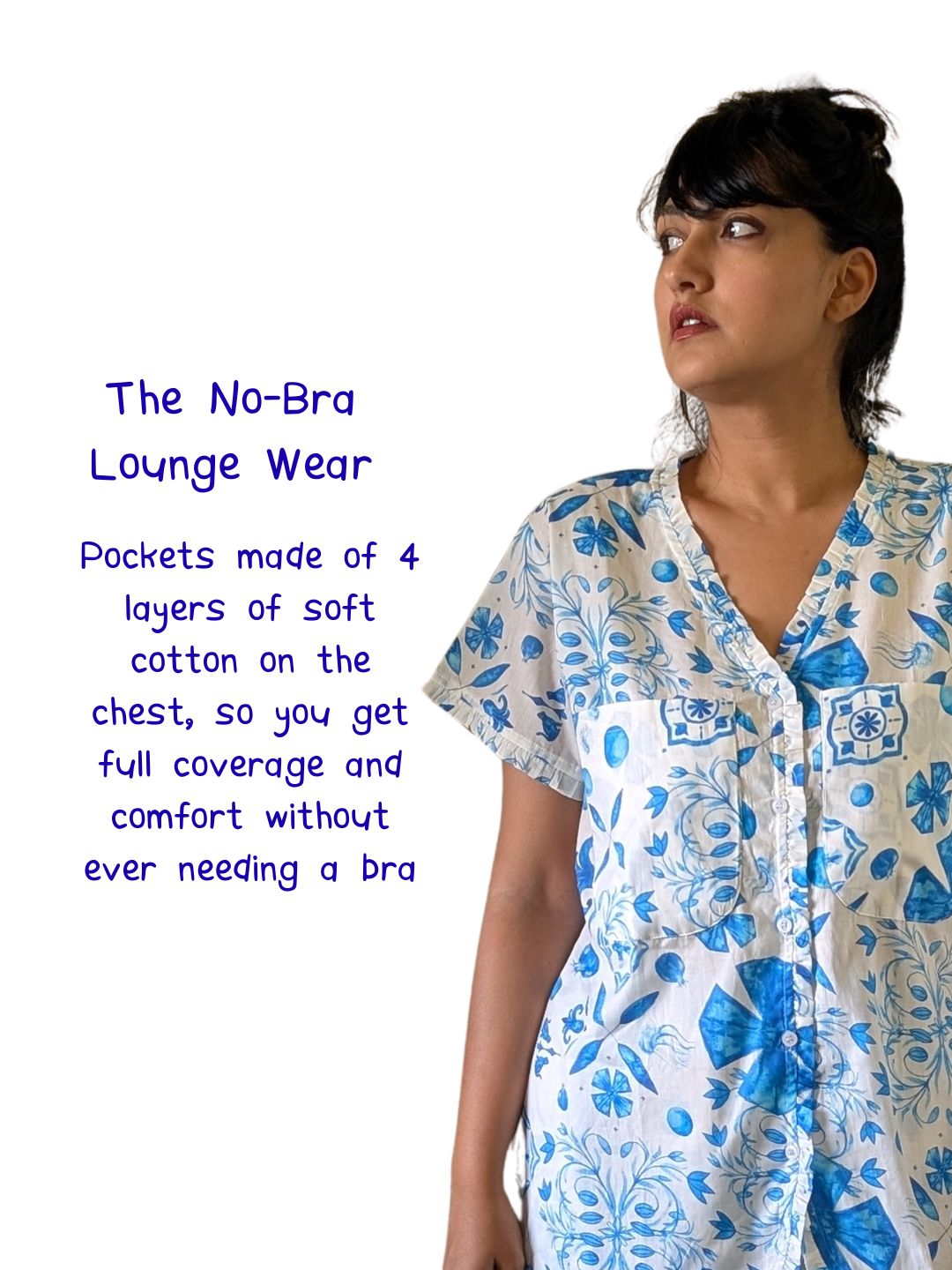 Woman wearing a floral no-bra lounge wear outfit with text on a white background