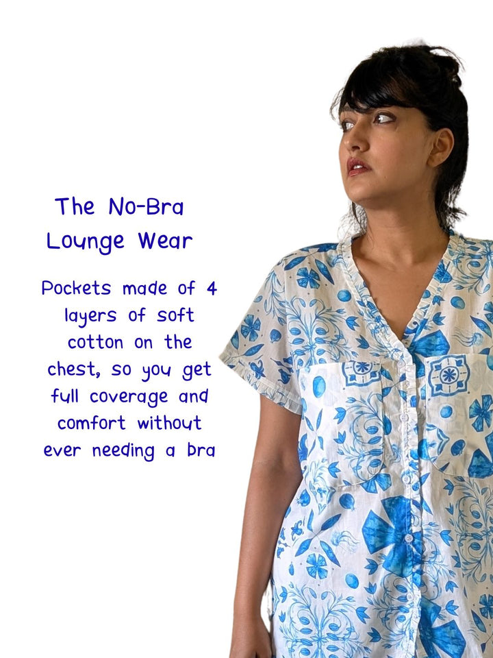 Woman wearing a floral no-bra lounge wear outfit with text on a white background