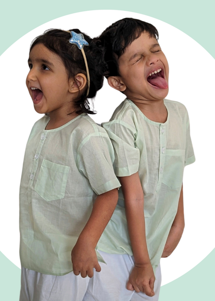Cotton Mul Night Wear for Kids | Mint Green