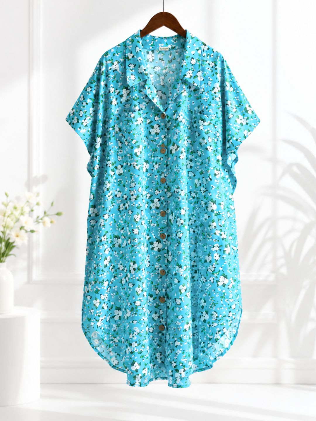 Women’s cotton loungewear shirt dress in turquoise floral print for breathable summer comfort
