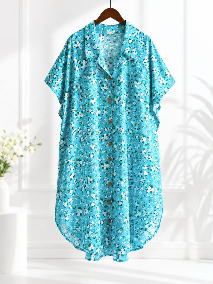 Women’s cotton loungewear shirt dress in turquoise floral print for breathable summer comfort