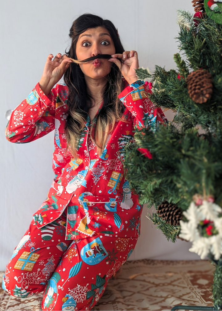 Cotton Night Suit, Women | Jingle Bells - Red