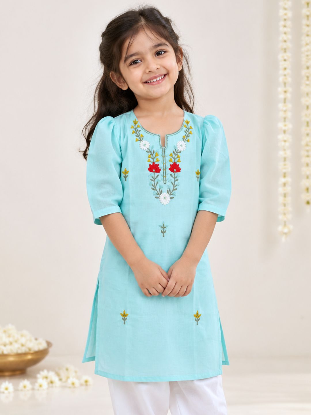 little girl wearing soft blue cotton mul festive embroidered kurta 