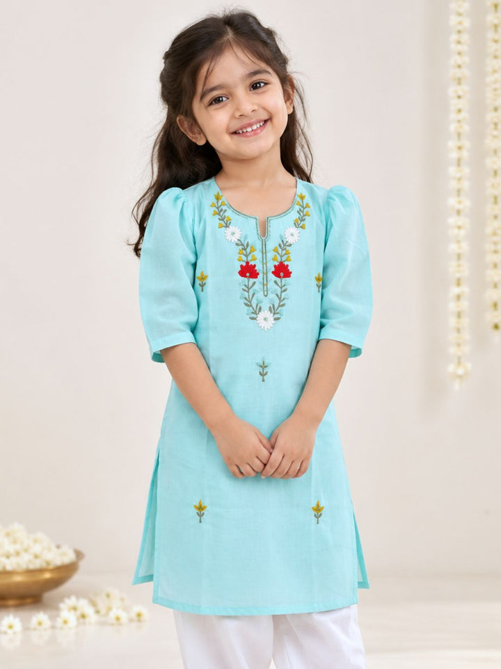 little girl wearing soft blue cotton mul festive embroidered kurta 