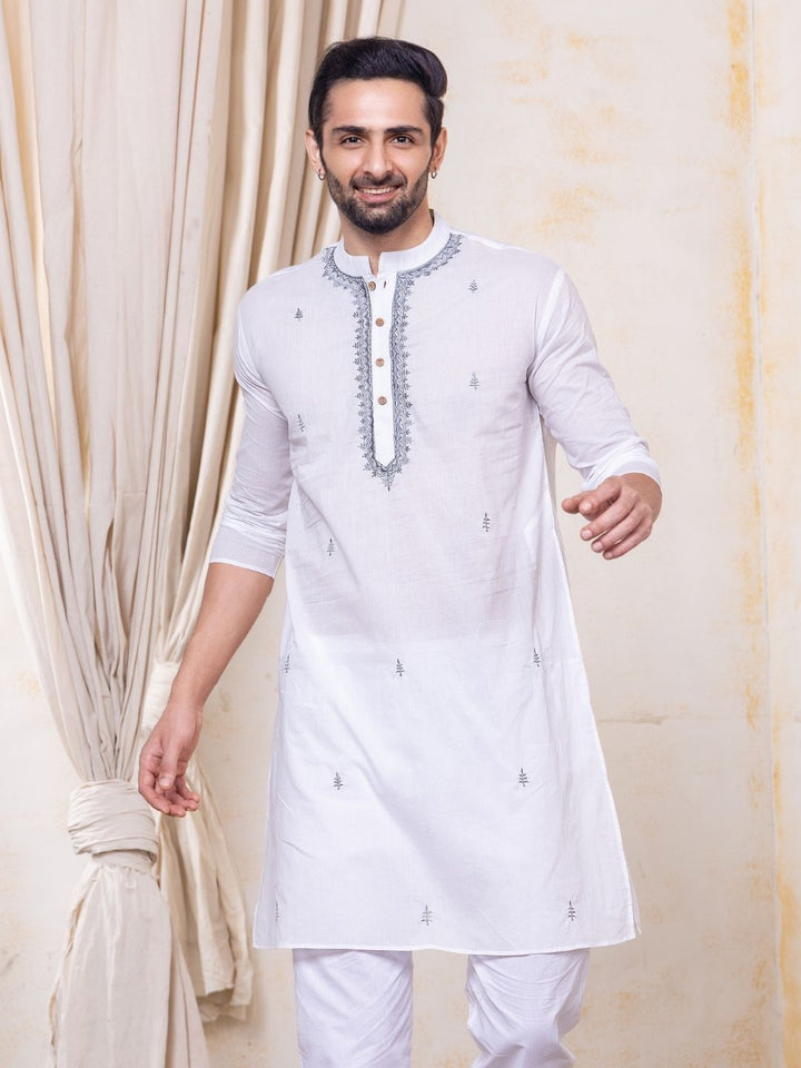 White &amp; Grey Embroidered Malmal Men&