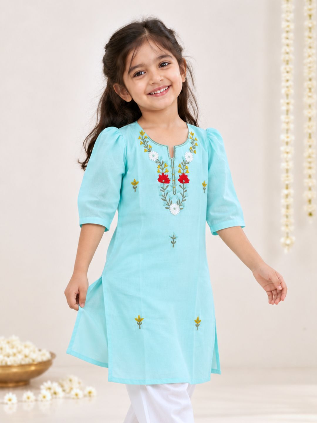 sky blue mulmul cotton kurta for baby girls with lining