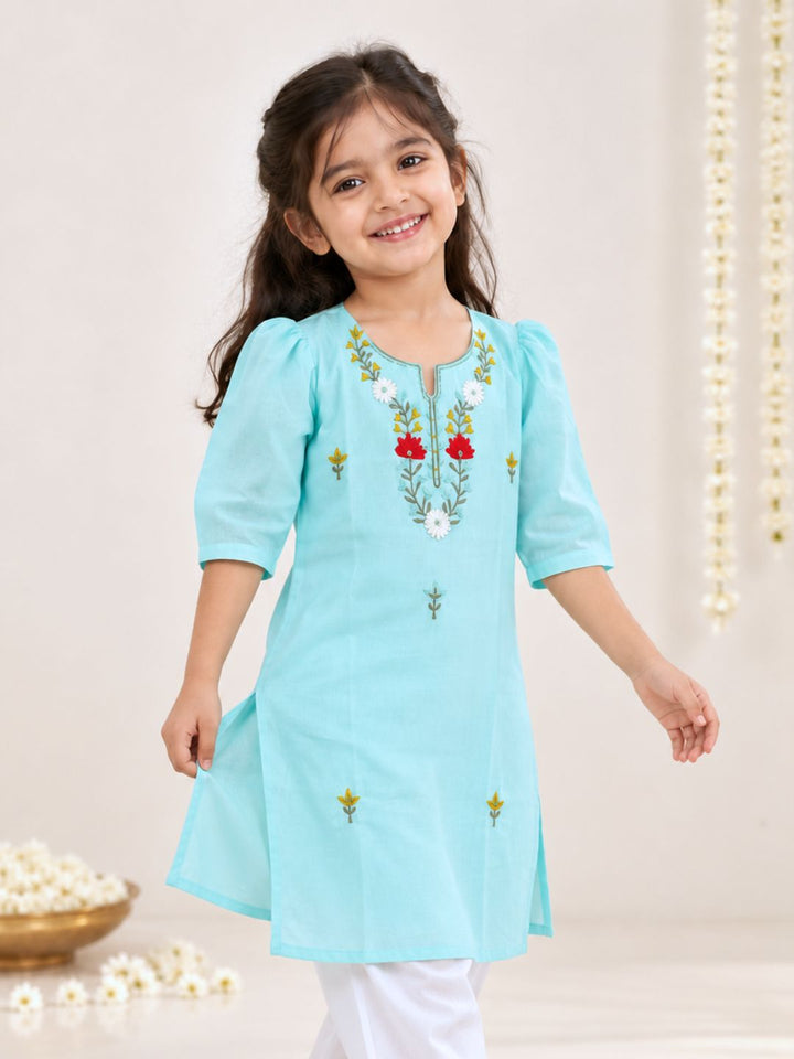 sky blue mulmul cotton kurta for baby girls with lining