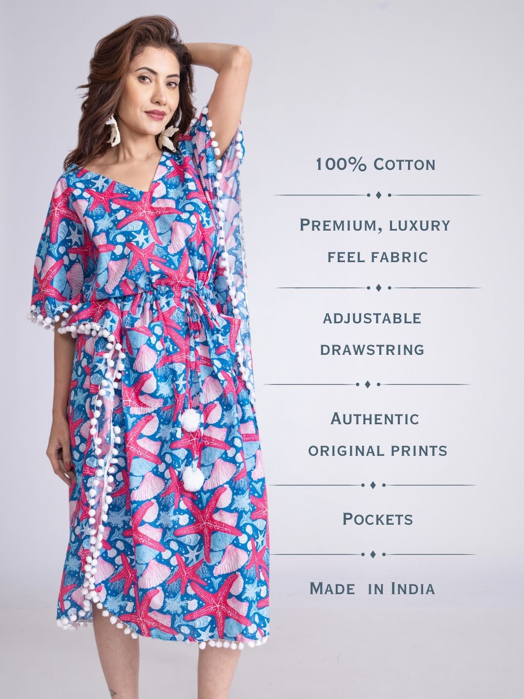Women’s Cotton Beach Kaftan – Starfish Print | Lightweight Summer Cover-Up by Tura Turi