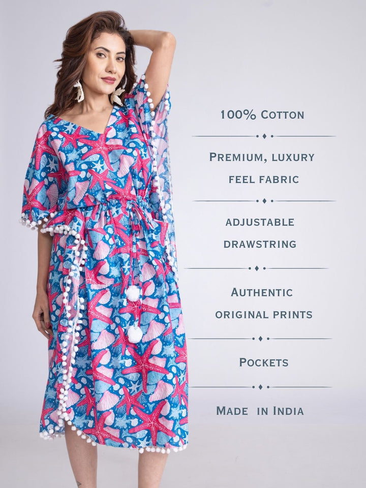 Women’s Cotton Beach Kaftan – Starfish Print | Lightweight Summer Cover-Up by Tura Turi