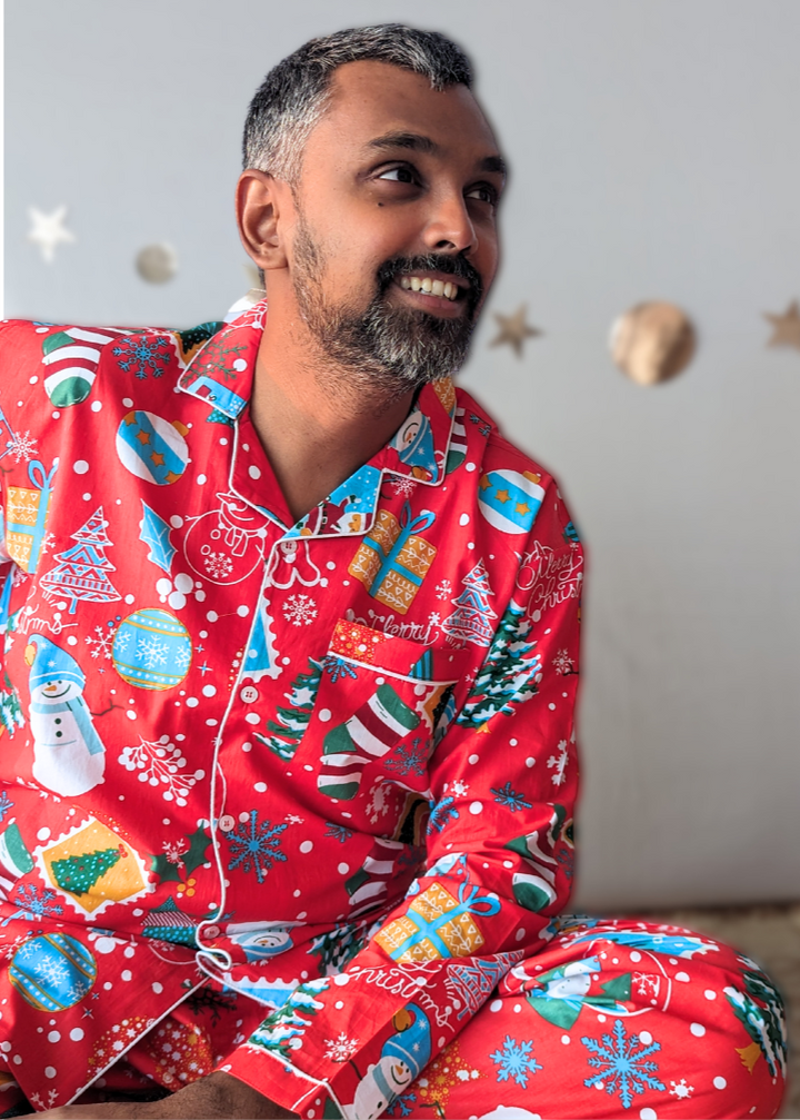 Cotton Night Suit, Men | Jingle Bells - Red