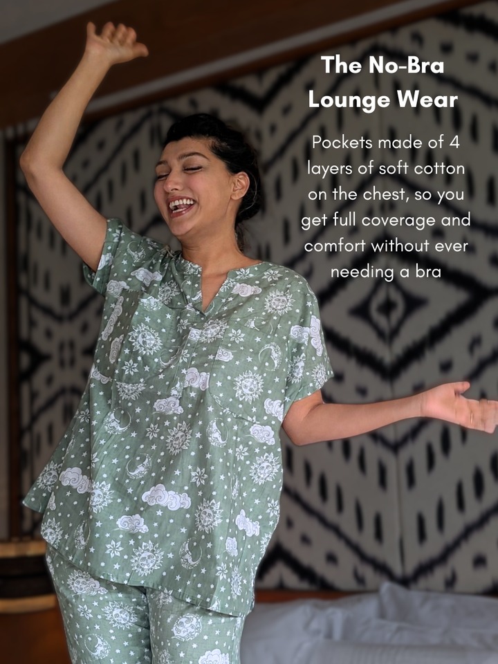 Sage Green Braless Nightsuit for Women in Soft Breathable Cotton Malmal