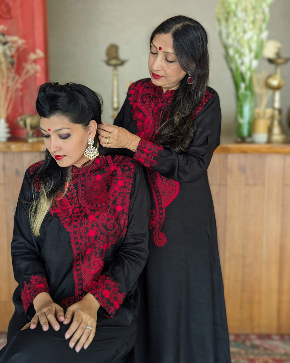 Black & Red Embroidered Viscose Silk Kurta with Churidar, Girls & Women