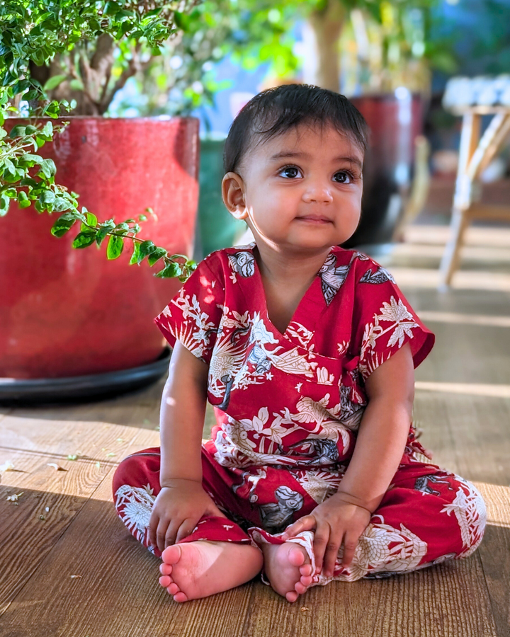 RED KIMONO STYLE JHABLA PAJAMA SET NEWBORN BABY